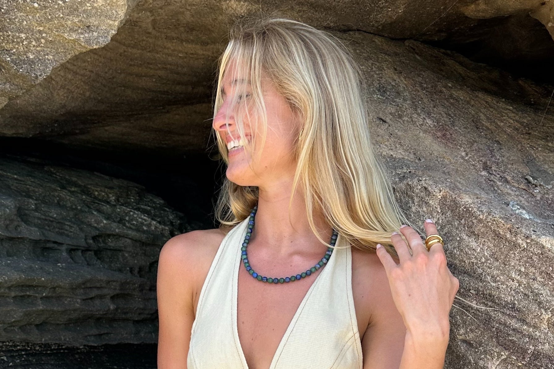 sarah cooper wears reliquia jewellery beaded necklace gold ring